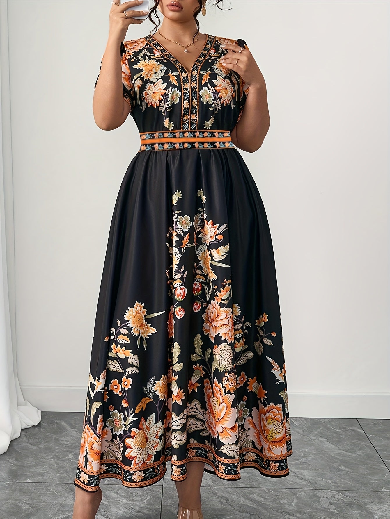Soleil Floral Flare Maxi Dress — Orange Blossom Boldness on a Black Canvas