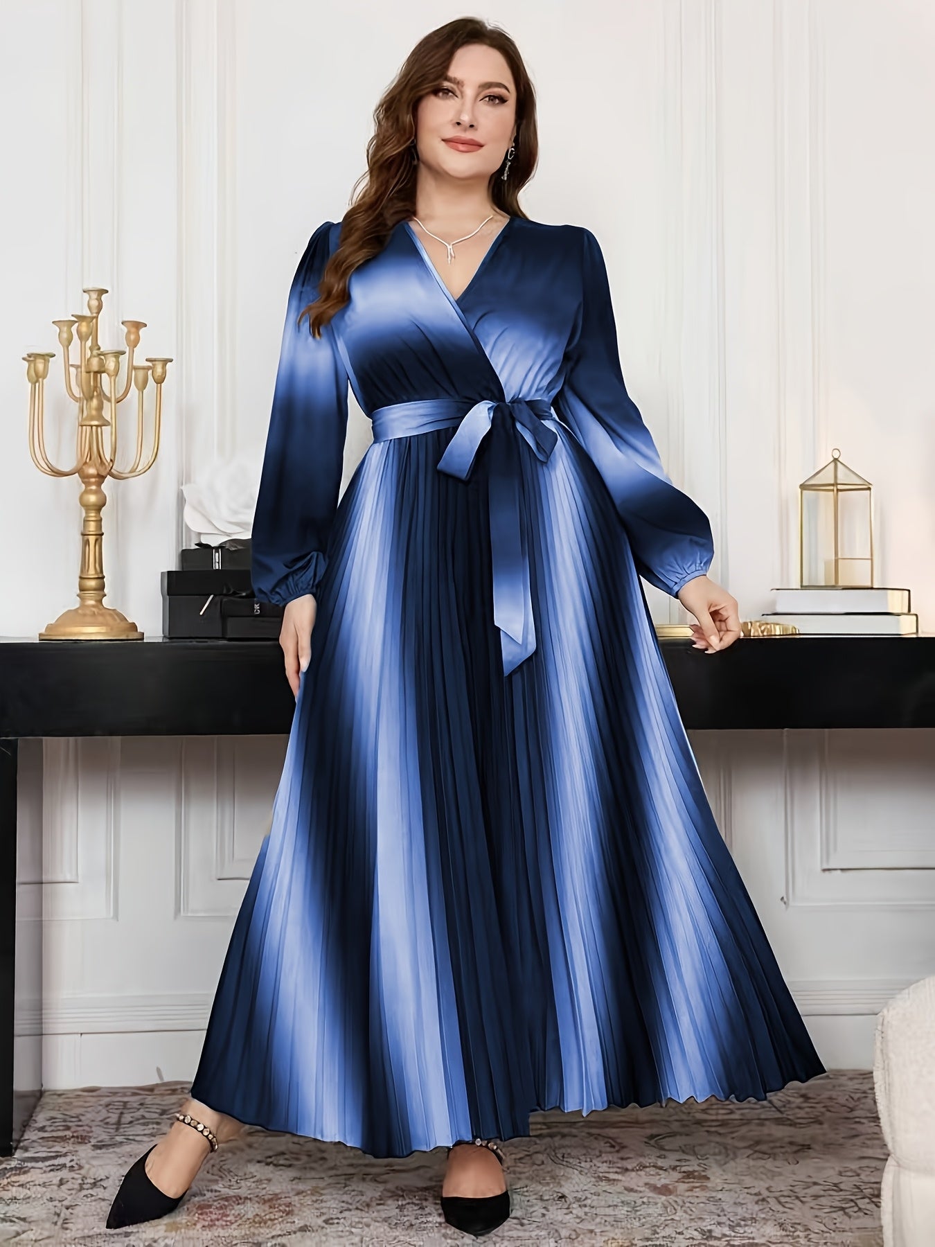 Gradient Lantern-Sleeve Tie-Waist A-Line Maxi Dress — Flowy Drama, Effortlessly Elevated