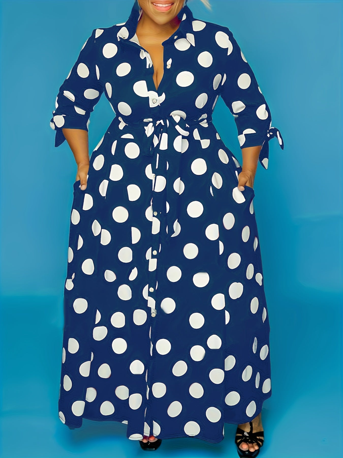 Pois Belted Maxi Dress — Collared Charm, Polka Dot Precision, Floor-Length Poise