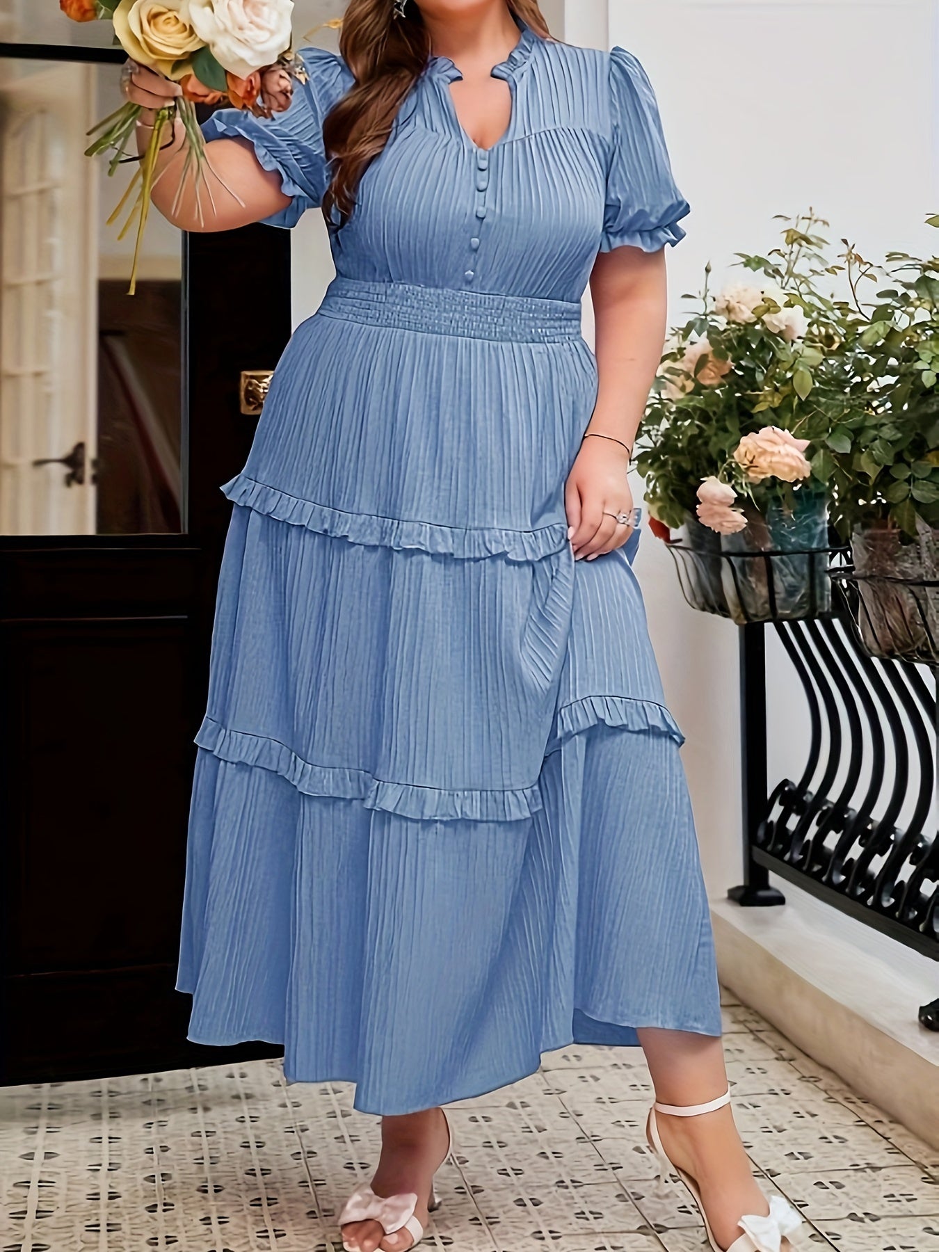 Soft Pink Ruffle Stand-Collar Maxi Dress — Structured Romance, Unhurried Grace