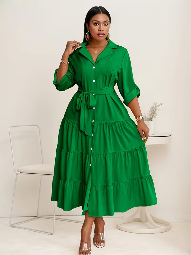 Plus Size Fit-and-Flare Tie-Waist Dress — Long-Sleeve Elegance That Moves With You