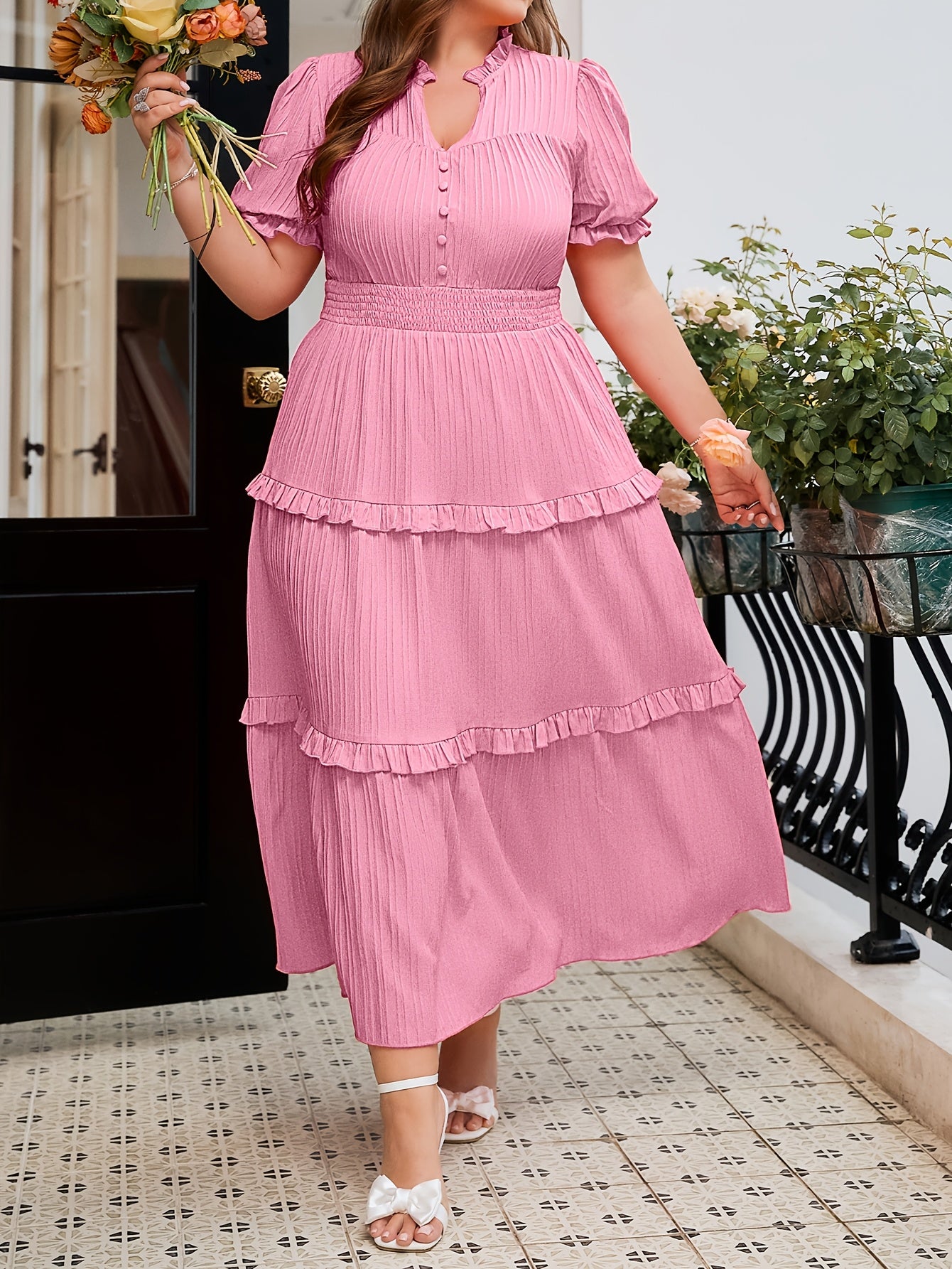 Soft Pink Ruffle Stand-Collar Maxi Dress — Structured Romance, Unhurried Grace