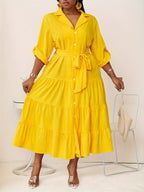 Plus Size Fit-and-Flare Tie-Waist Dress — Long-Sleeve Elegance That Moves With You