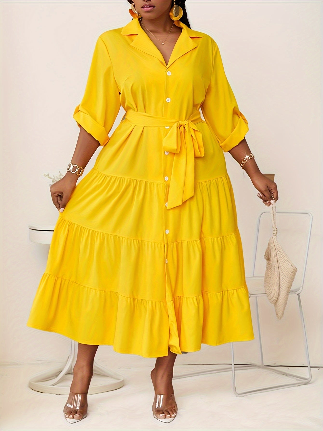 Plus Size Fit-and-Flare Tie-Waist Dress — Long-Sleeve Elegance That Moves With You