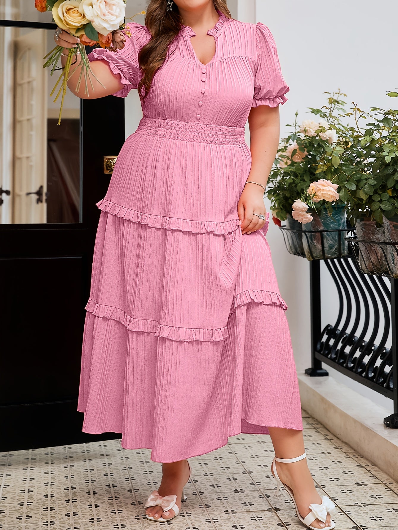 Soft Pink Ruffle Stand-Collar Maxi Dress — Structured Romance, Unhurried Grace