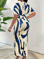 Azura V-Neck Geometric Bodycon Dress — Stretch-Ease Elegance in Blue & White