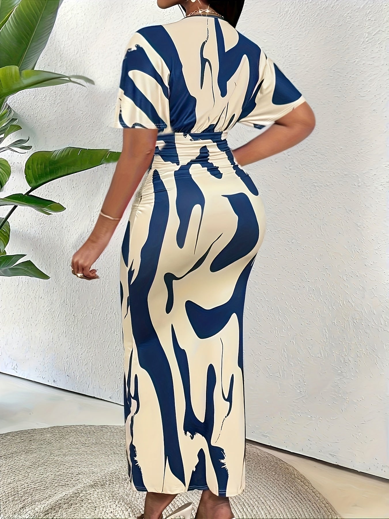 Azura V-Neck Geometric Bodycon Dress — Stretch-Ease Elegance in Blue & White