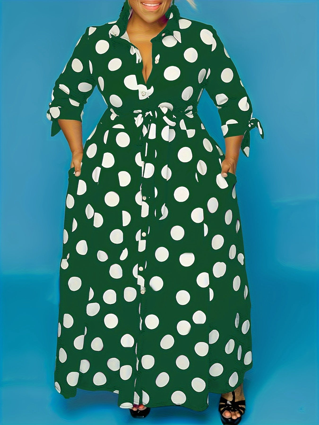 Pois Belted Maxi Dress — Collared Charm, Polka Dot Precision, Floor-Length Poise