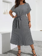 Printed Pencil-Skirt Midi Dress — Round Neck Refinement, Office-Ready Chic