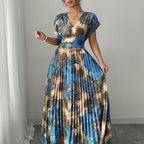Blue & Gold Pleated V-Neck Flowy Maxi Dress — Elegant Movement, Vacation-Ready Radiance