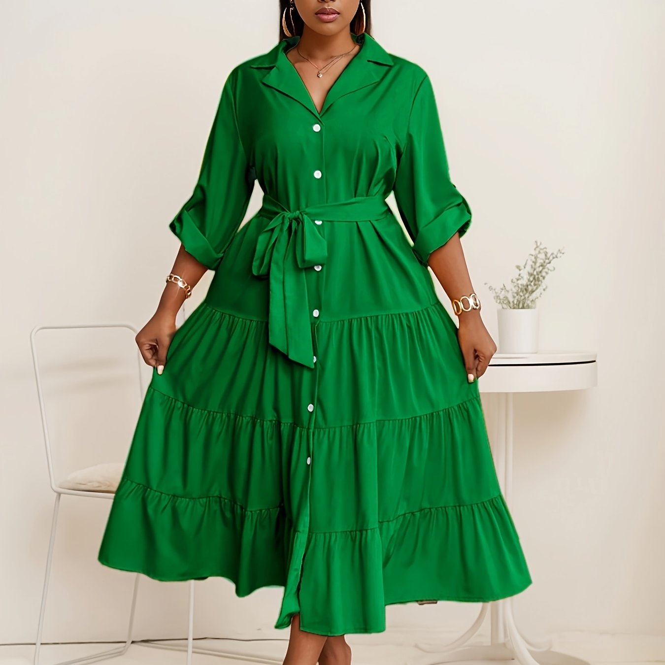 Plus Size Fit-and-Flare Tie-Waist Dress — Long-Sleeve Elegance That Moves With You