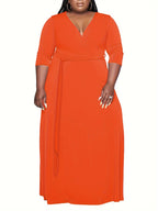 Vibrant Orange Belted A-Line Maxi Dress — 3/4 Sleeve Elegance, Floor-Length Confidence