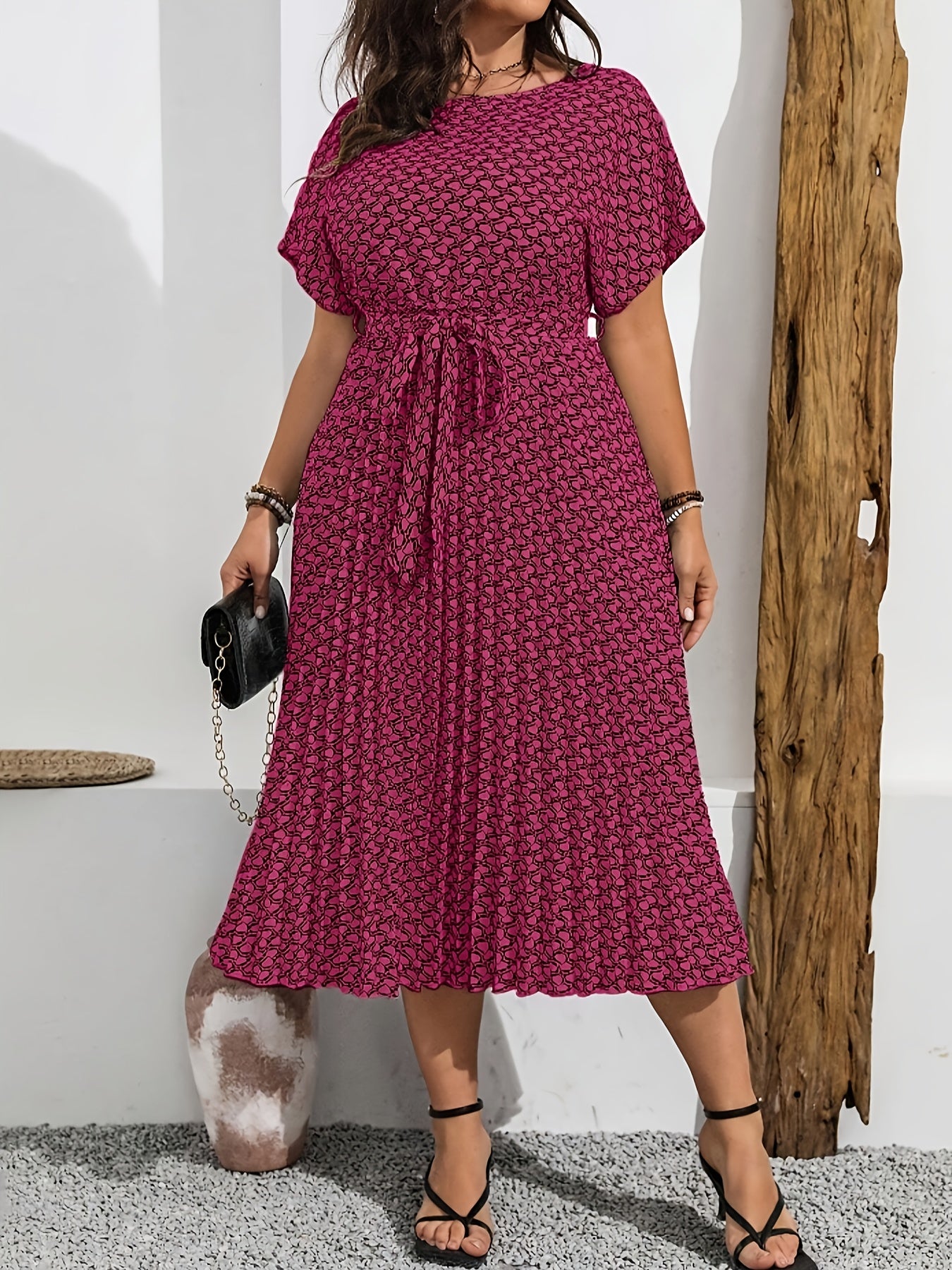 Printed Pencil-Skirt Midi Dress — Round Neck Refinement, Office-Ready Chic