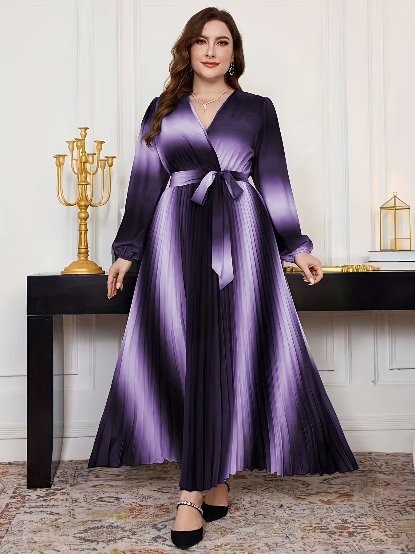Gradient Lantern-Sleeve Tie-Waist A-Line Maxi Dress — Flowy Drama, Effortlessly Elevated