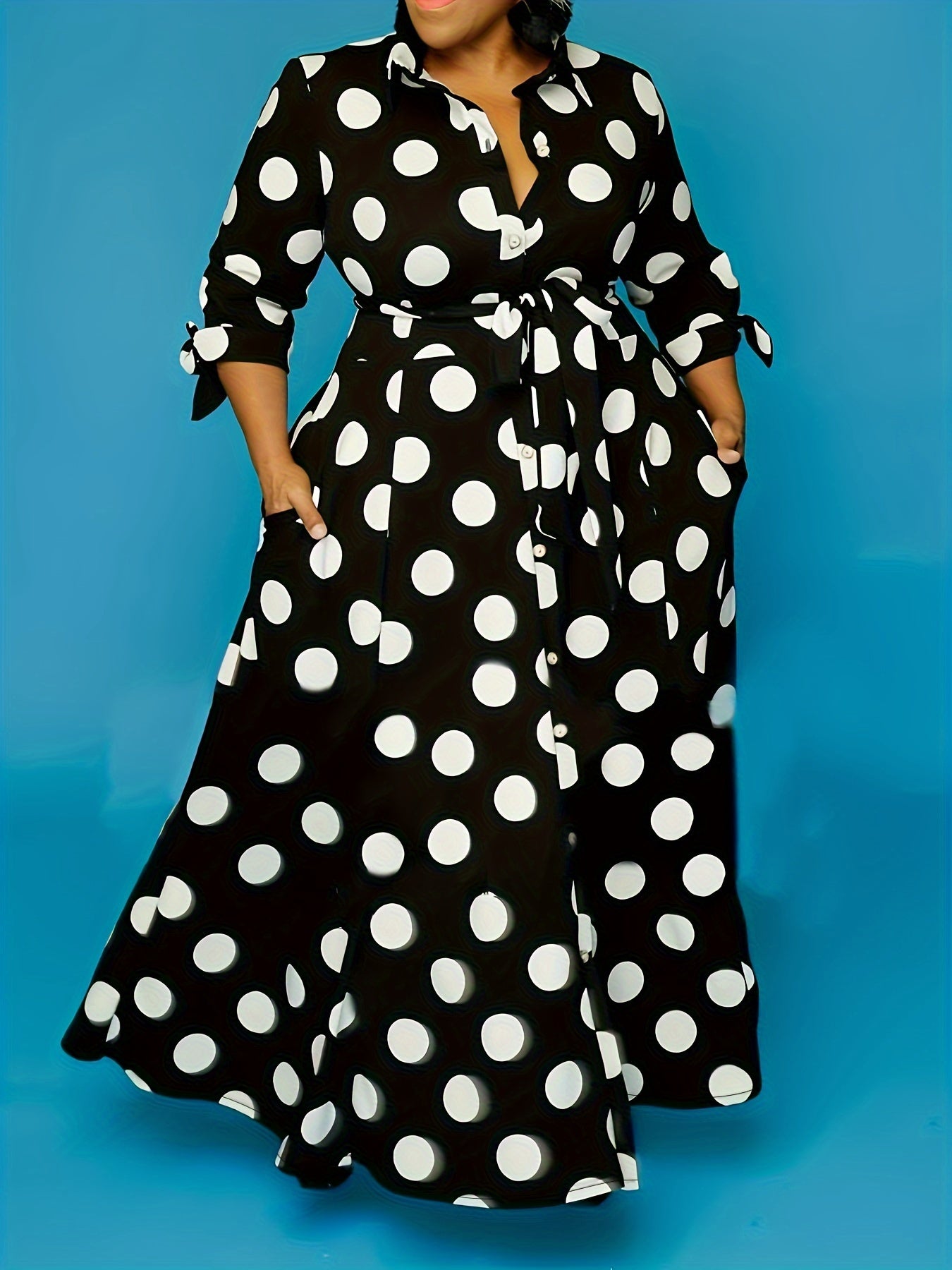 Pois Belted Maxi Dress — Collared Charm, Polka Dot Precision, Floor-Length Poise
