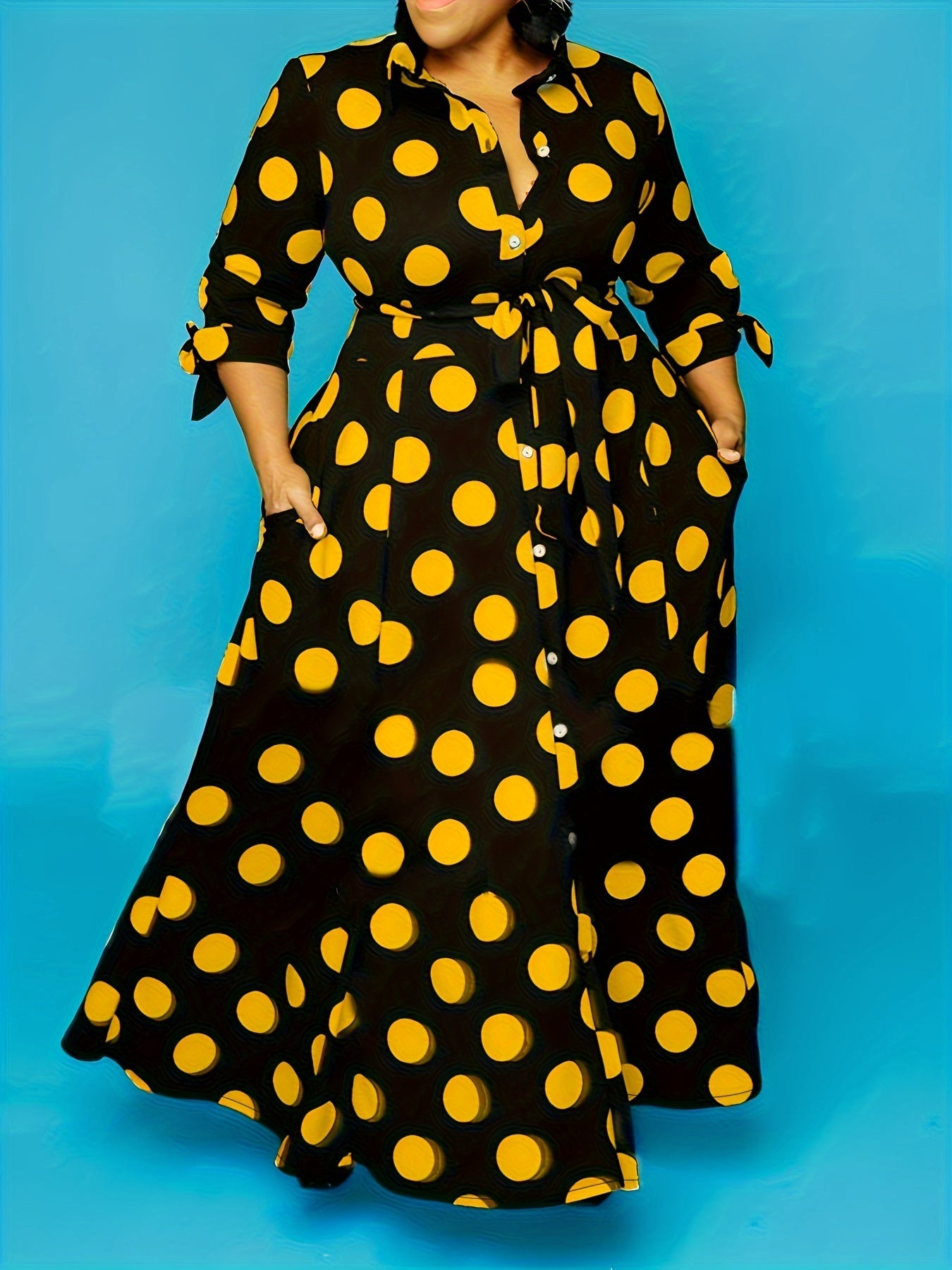 Pois Belted Maxi Dress — Collared Charm, Polka Dot Precision, Floor-Length Poise