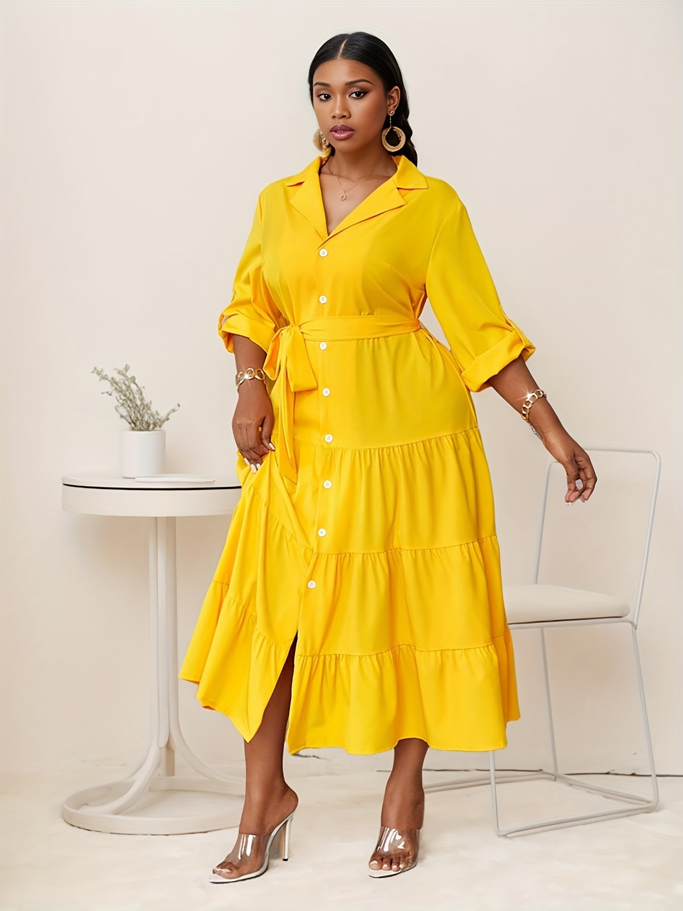 Plus Size Fit-and-Flare Tie-Waist Dress — Long-Sleeve Elegance That Moves With You
