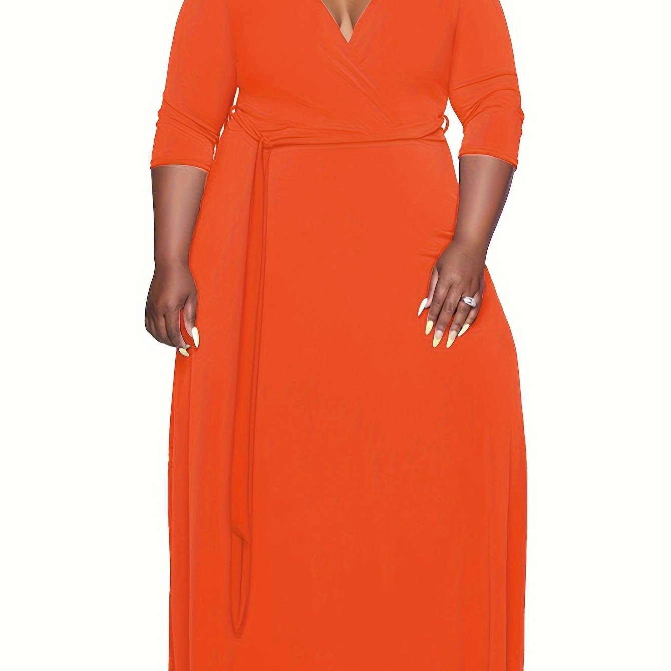 Vibrant Orange Belted A-Line Maxi Dress — 3/4 Sleeve Elegance, Floor-Length Confidence