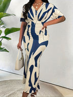 Azura V-Neck Geometric Bodycon Dress — Stretch-Ease Elegance in Blue & White
