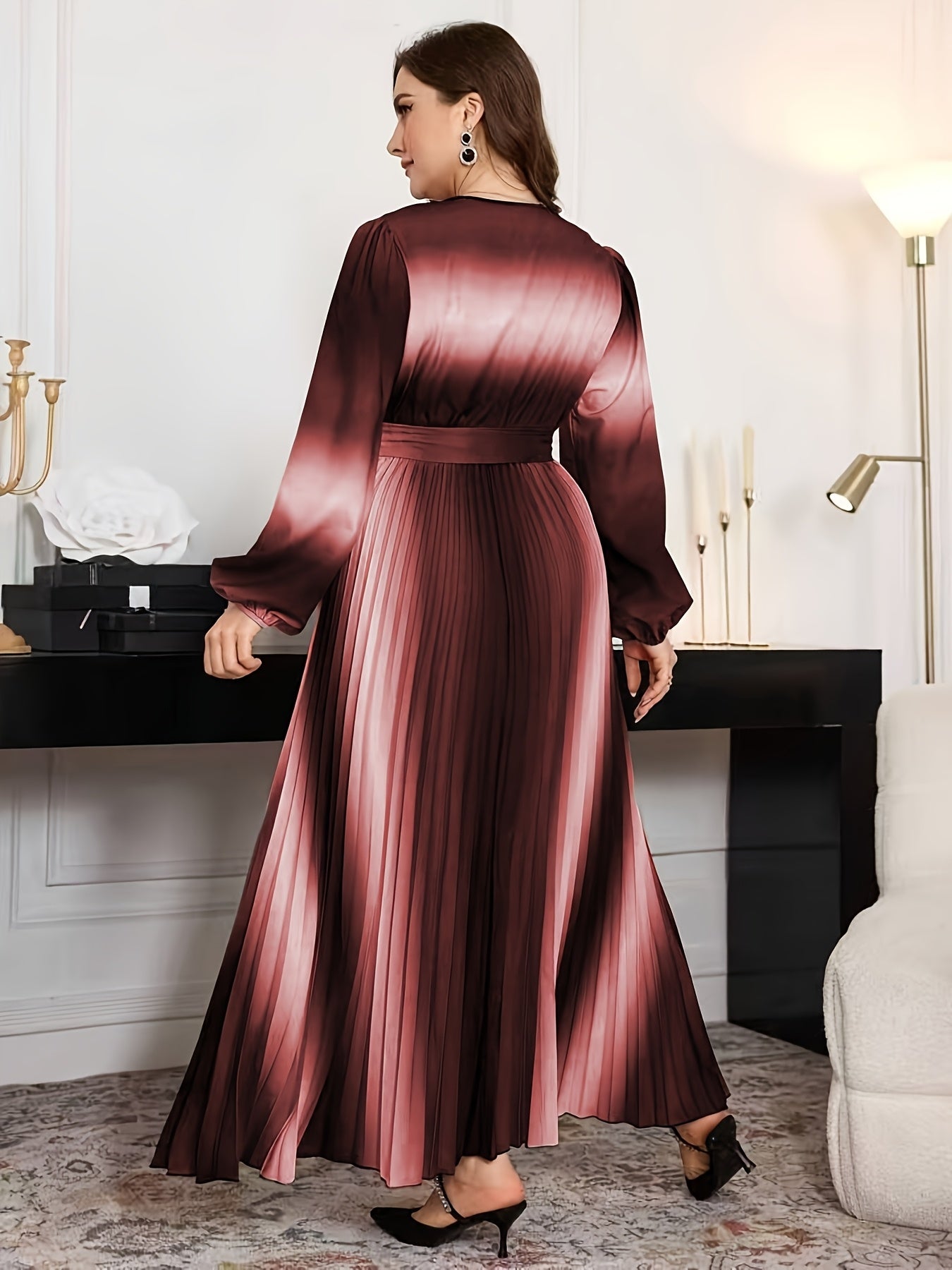 Gradient Lantern-Sleeve Tie-Waist A-Line Maxi Dress — Flowy Drama, Effortlessly Elevated