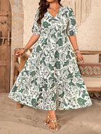 Plus Size Tropical Floral Puff-Sleeve Maxi Dress — High-Waist Loose Fit for Effortless Beachside Beauty