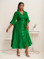 Plus Size Fit-and-Flare Tie-Waist Dress — Long-Sleeve Elegance That Moves With You