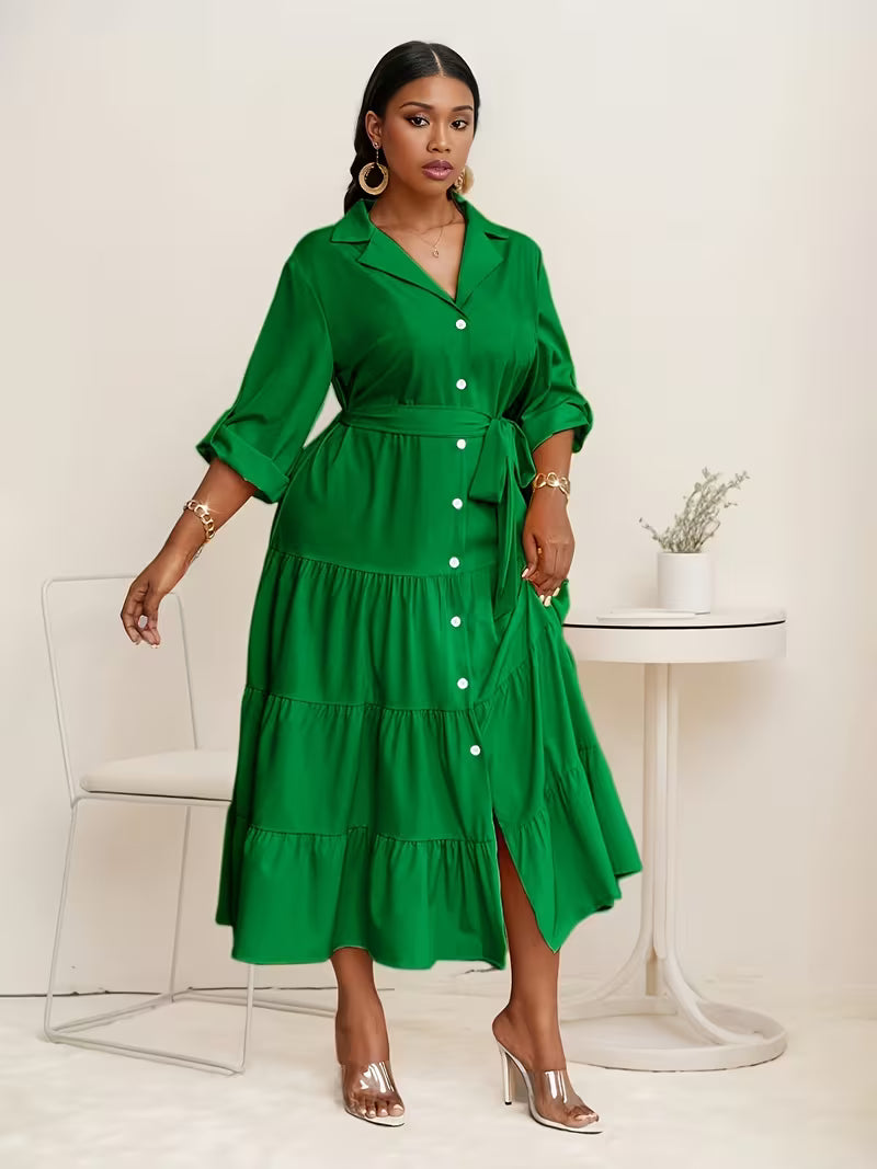 Plus Size Fit-and-Flare Tie-Waist Dress — Long-Sleeve Elegance That Moves With You
