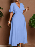 Solid Fitted-Bodice Flowy V-Neck Maxi Dress — Graceful Structure, Occasion-Ready Elegance