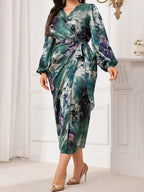 Lanterne Floral Cross-Neck Maxi Dress — Sculptural Sleeves, Botanical Grace, Formal Poise