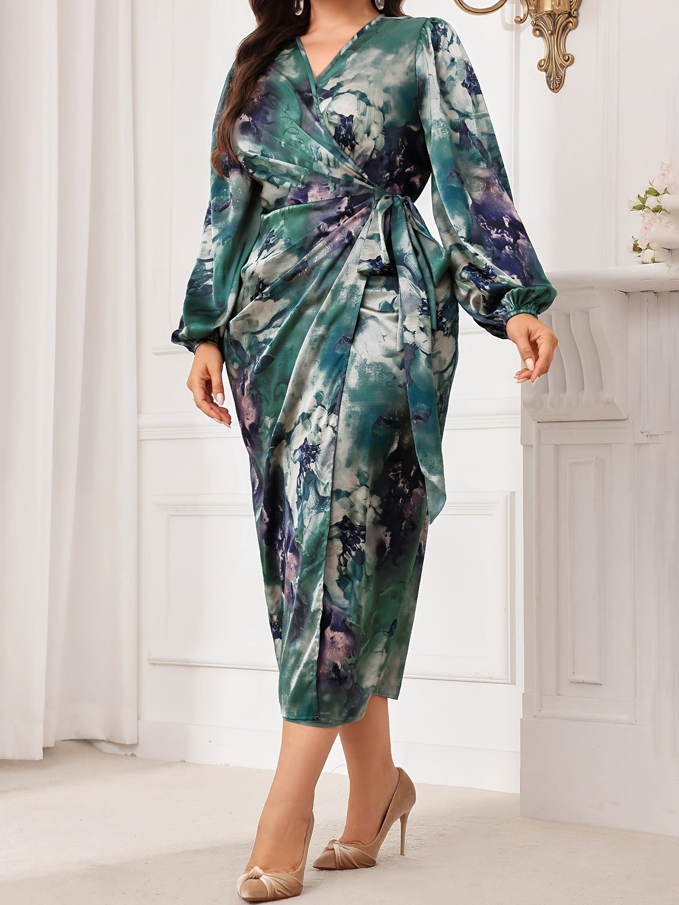 Lanterne Floral Cross-Neck Maxi Dress — Sculptural Sleeves, Botanical Grace, Formal Poise