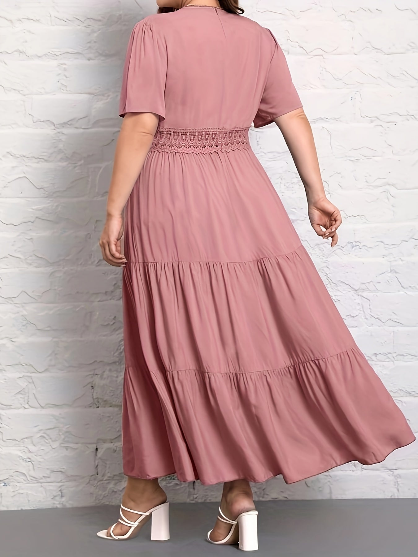 Plus Size Emerald Lace — A Line Dress with Flattering V - Neckline