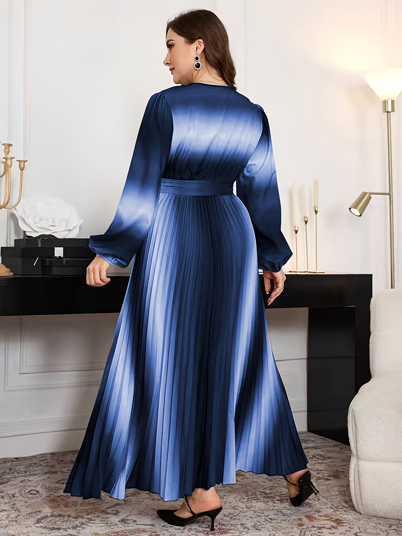 Gradient Lantern-Sleeve Tie-Waist A-Line Maxi Dress — Flowy Drama, Effortlessly Elevated