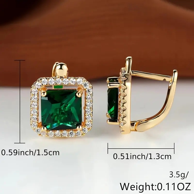 Golden Green Square Cubic Zirconia Earrings | Gold