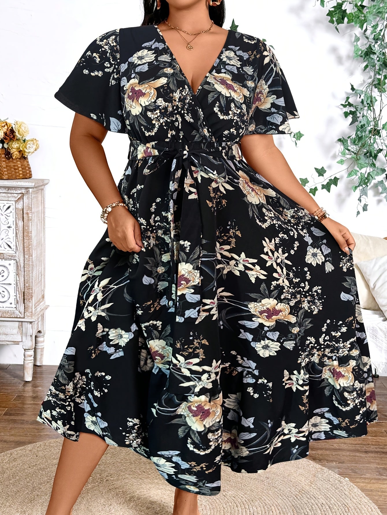 Blue Floral Waist-Tie Maxi Dress — Garden-Fresh Print, Gracefully Cinched