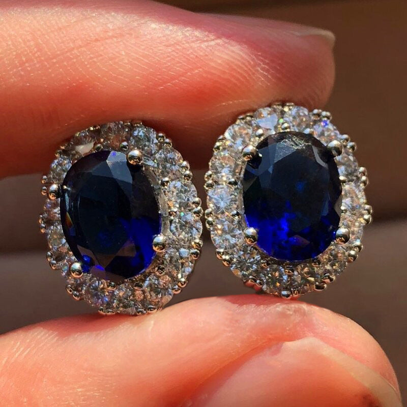 Oval white sapphire stud earrings | White gold