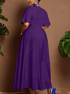 Solid Fitted-Bodice Flowy V-Neck Maxi Dress — Graceful Structure, Occasion-Ready Elegance
