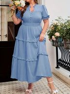 Soft Pink Ruffle Stand-Collar Maxi Dress — Structured Romance, Unhurried Grace