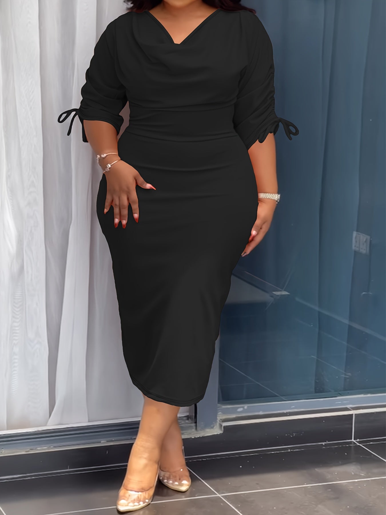 Cowl Neck Sheath Dress — Sculpted Ease, Understated Authority