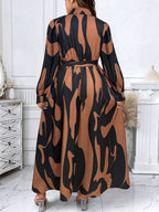 Geometric Beige Belted Shirt Dress — Long Sleeve Structure, Floor-Length Refinement