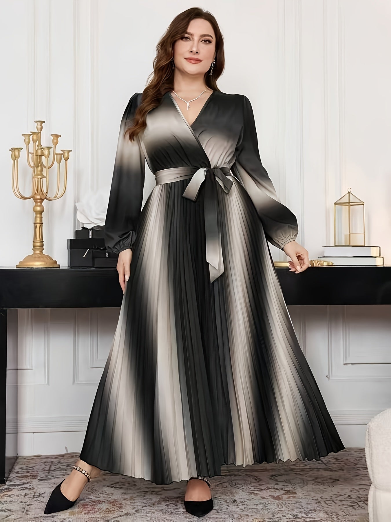 Gradient Lantern-Sleeve Tie-Waist A-Line Maxi Dress — Flowy Drama, Effortlessly Elevated