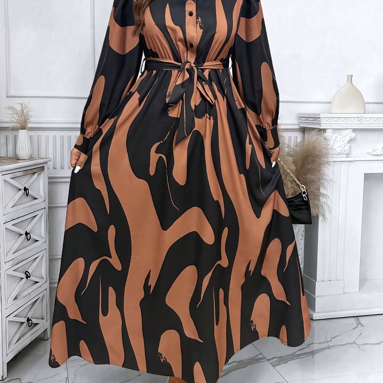 Geometric Beige Belted Shirt Dress — Long Sleeve Structure, Floor-Length Refinement