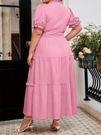 Soft Pink Ruffle Stand-Collar Maxi Dress — Structured Romance, Unhurried Grace