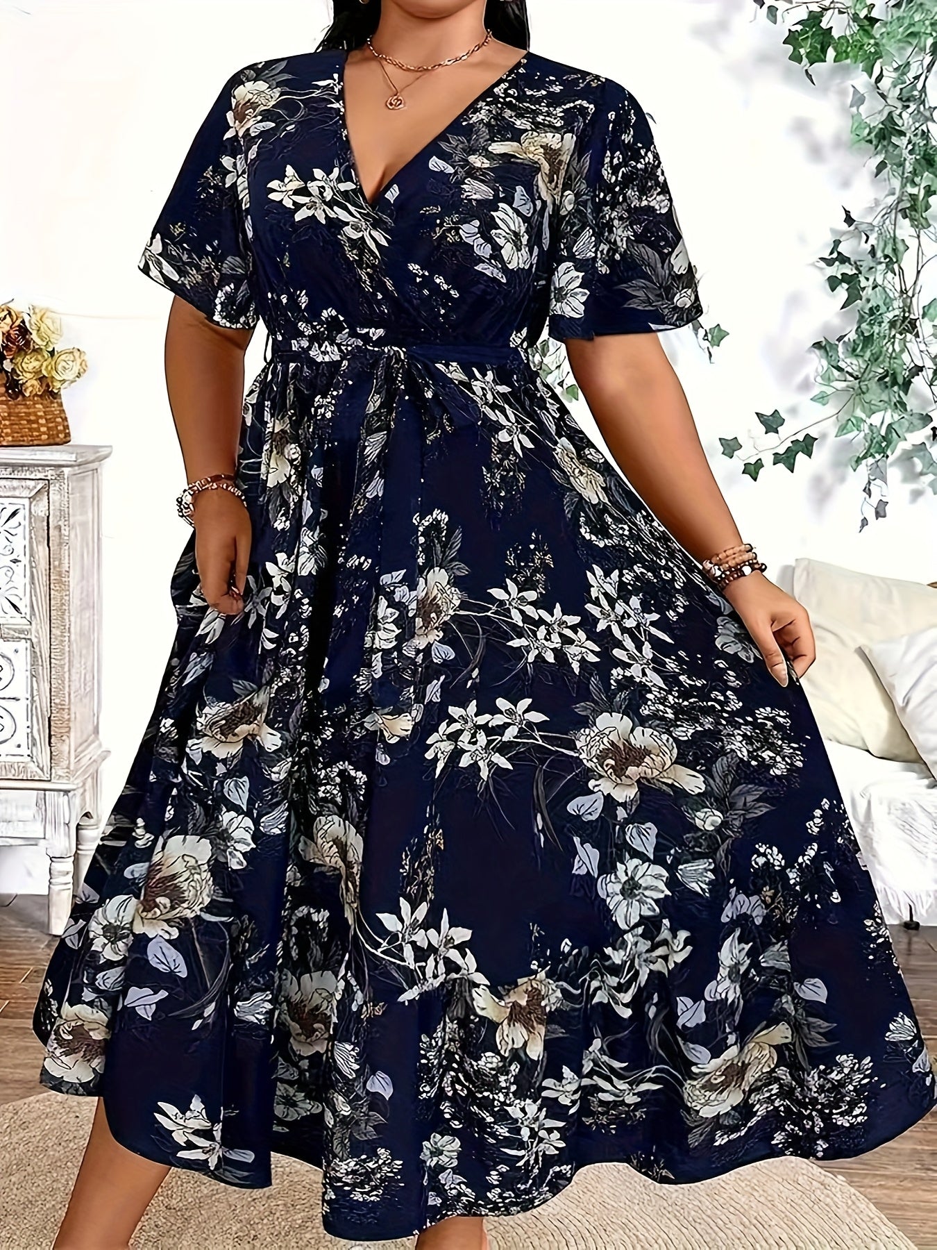 Blue Floral Waist-Tie Maxi Dress — Garden-Fresh Print, Gracefully Cinched