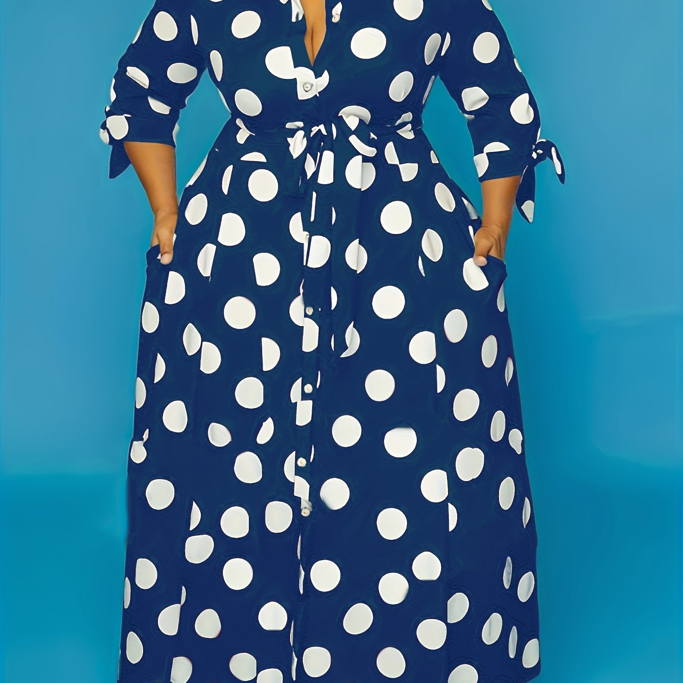 Pois Belted Maxi Dress — Collared Charm, Polka Dot Precision, Floor-Length Poise