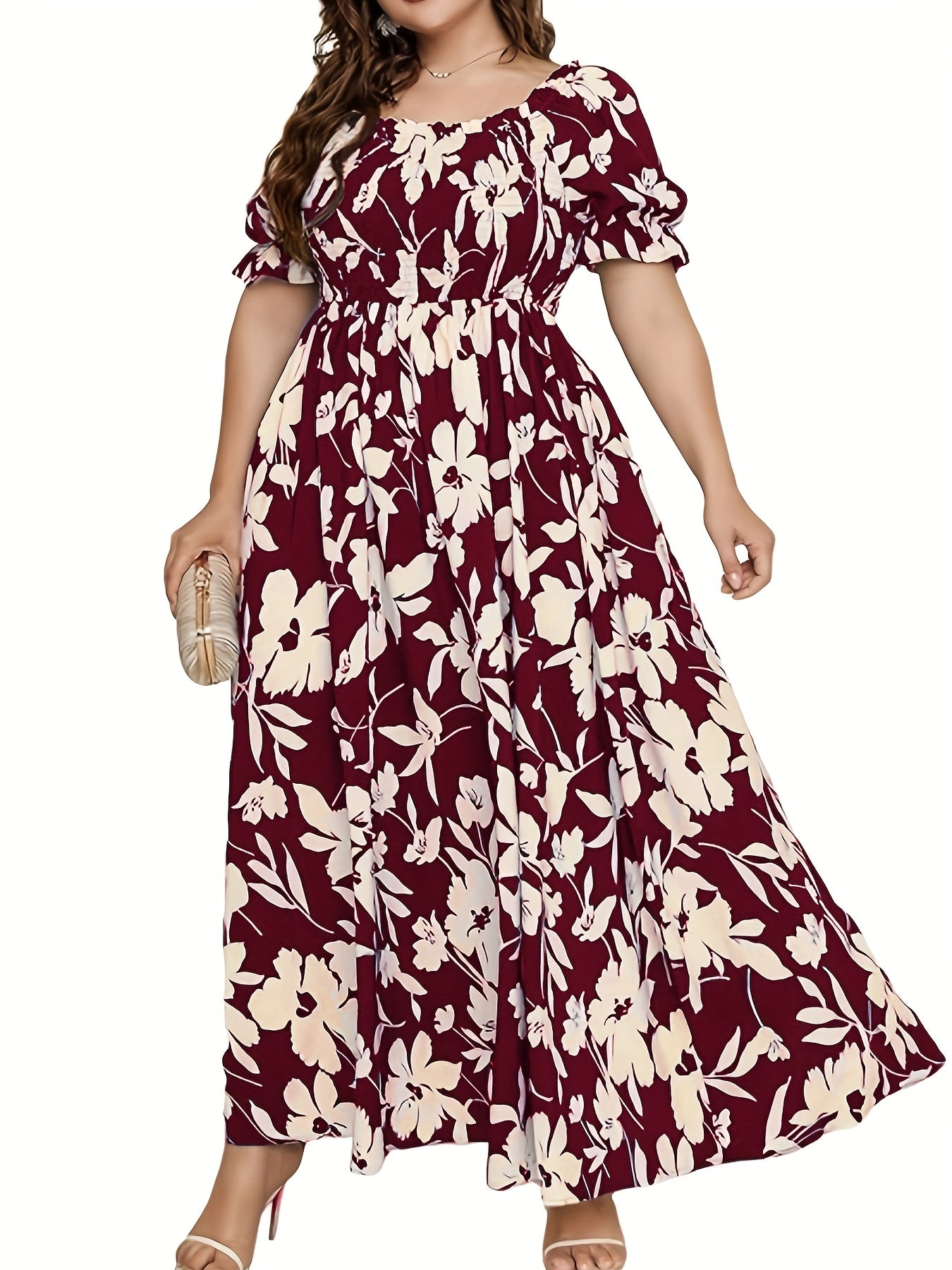 Maroon & White Floral A-Line Floor-Length Gown — Formal Grandeur, Quietly Worn