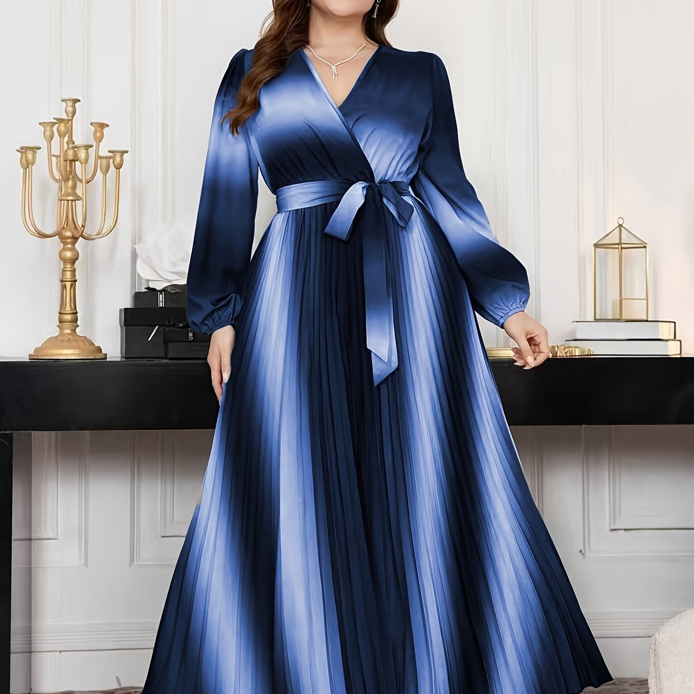 Gradient Lantern-Sleeve Tie-Waist A-Line Maxi Dress — Flowy Drama, Effortlessly Elevated