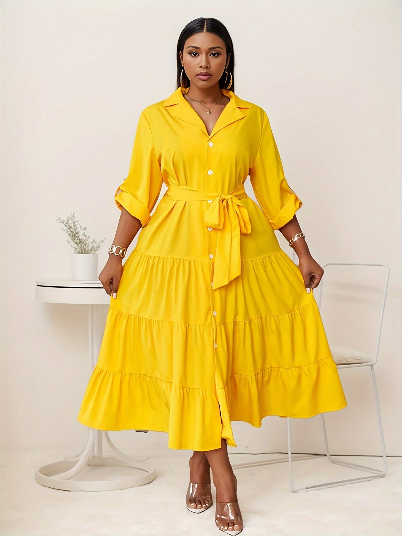 Plus Size Fit-and-Flare Tie-Waist Dress — Long-Sleeve Elegance That Moves With You