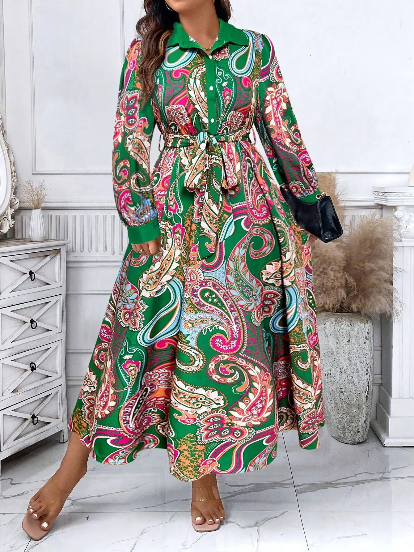 Paisley Print Button-Front Wrap Dress — Timeless Pattern, Effortlessly Draped