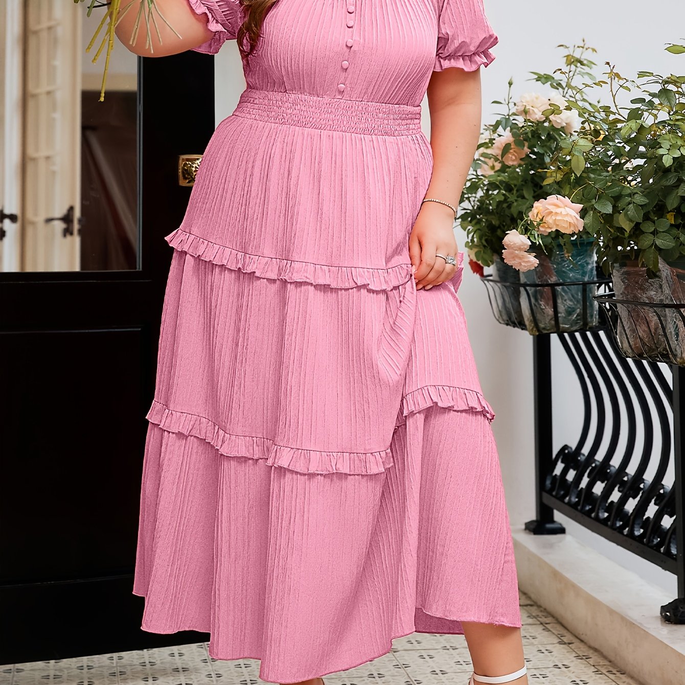 Soft Pink Ruffle Stand-Collar Maxi Dress — Structured Romance, Unhurried Grace
