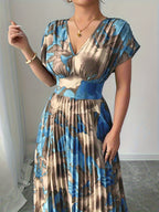 Blue & Gold Pleated V-Neck Flowy Maxi Dress — Elegant Movement, Vacation-Ready Radiance